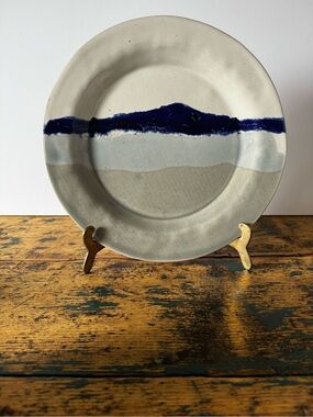 Handmade Glazed Ceramic Plate with Blue and Grey Accent